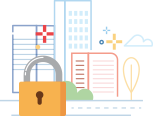 lock in front of buildings illustration